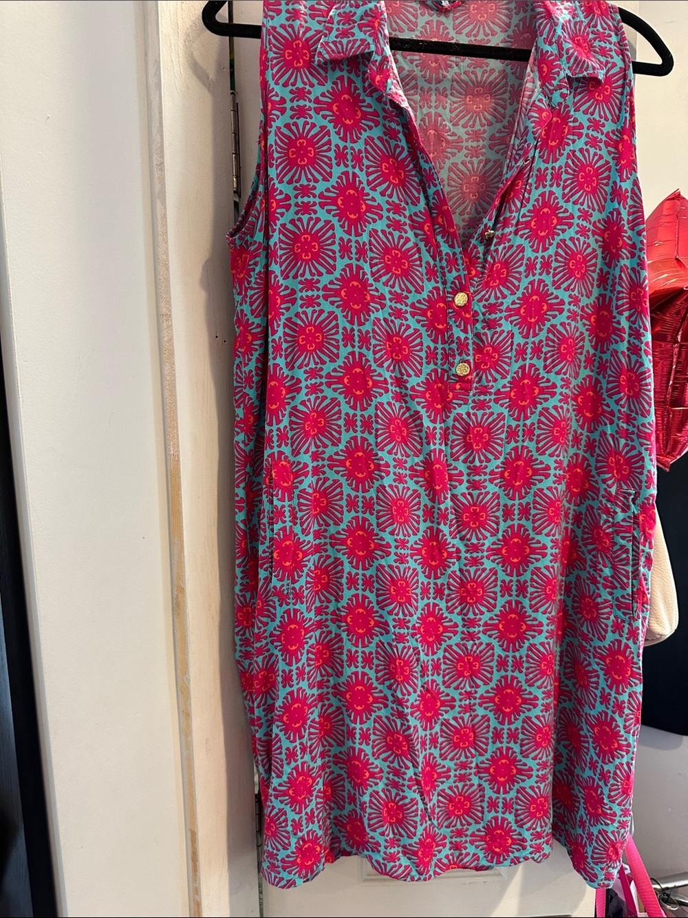 Escapada dress, Bright Pink, coral, orange ikat  style print pockets, buttons